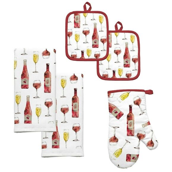 Wine Stack Sedona Kitchen Towels Oven Mitt Potholder White Red Gold 5pc Gift NEW - Picture 1 of 7